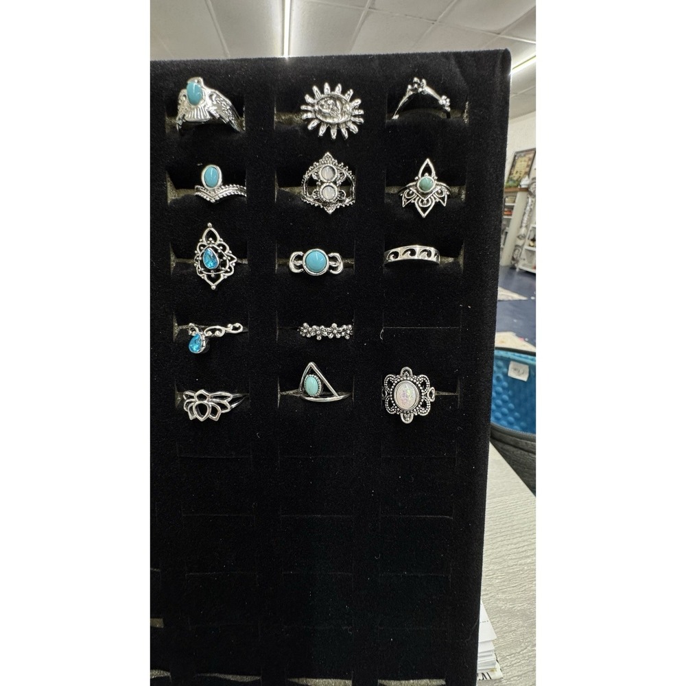 Wholesale Lot Of  24 Rings Costume Silver Turquoise Onyx  Blue In Mixed Sizes - Picture 2 of 2